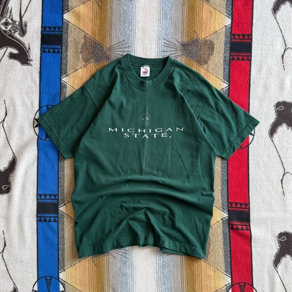 Vintage Michigan State University T Shirt Mens Large Fruit of the Loom Green MSU
